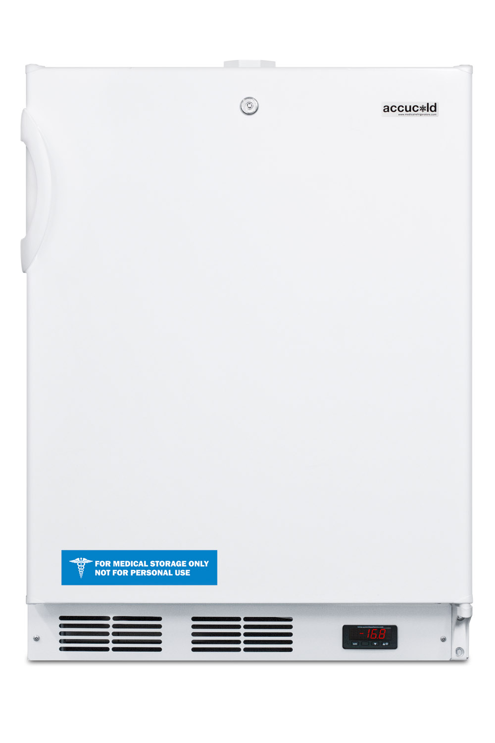 Built-in ADA compliant undercounter frost-free all-freezer for general purpose use, with white exterior, digital thermostat, and lock